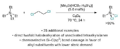 Silylium-Ion-Initiated Twofold Halodealkylation of Fully Alkylated Silanes