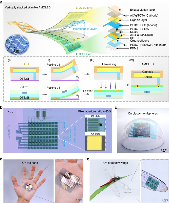 Vertically stacked skin-like active-matrix display with ultrahigh aperture ratio.