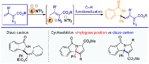 Synthesis of Heterocycles by HNTf2-Catalyzed C−H Functionalization of Vinyldiazo Compounds with 3-Hydroxyisoindolinone