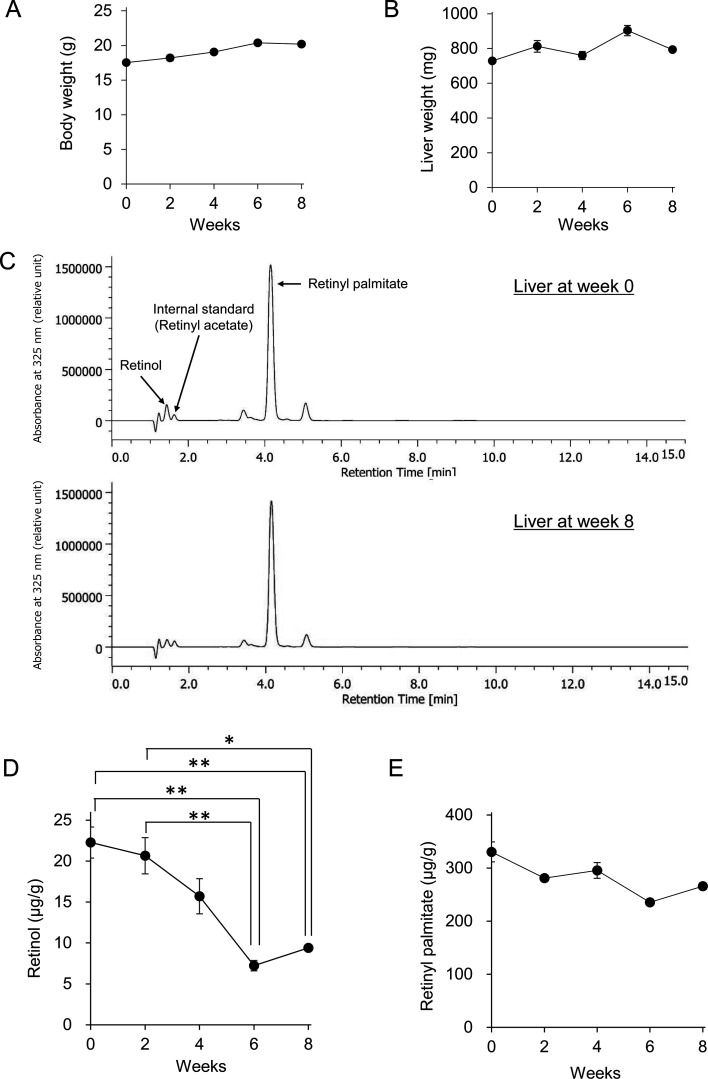 Time-dependent changes in retinoids content in liver and adipose tissue after feeding of a vitamin A-deficient diet to mice.
