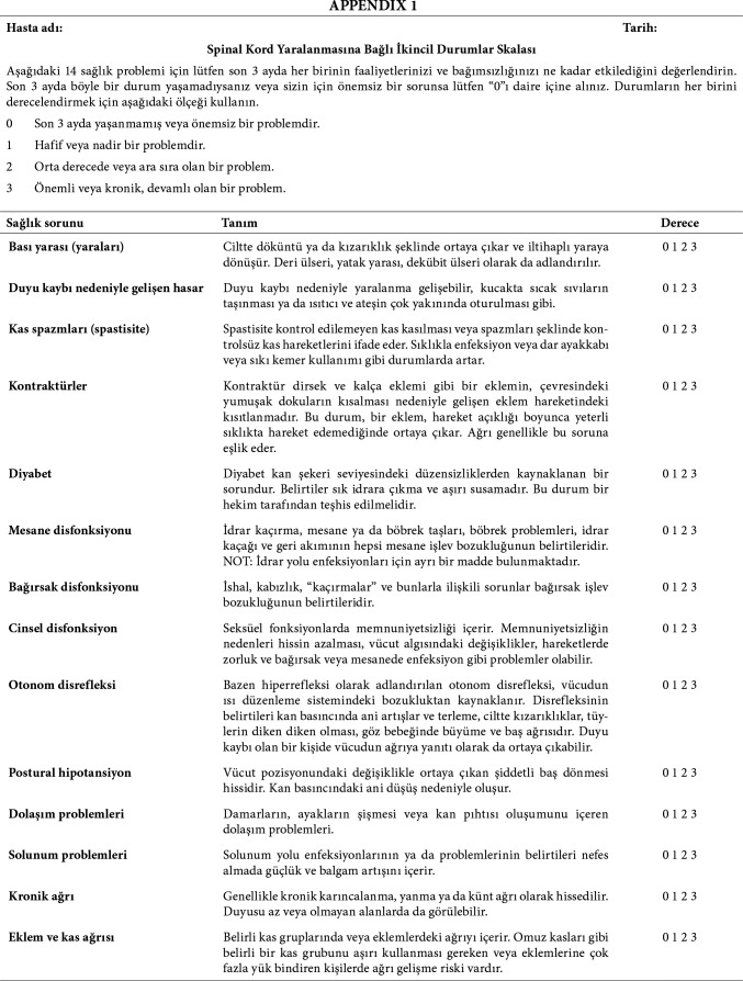 Reliability and validity of the Spinal Cord Injury Secondary Conditions Scale among the Turkish population with spinal cord injury.