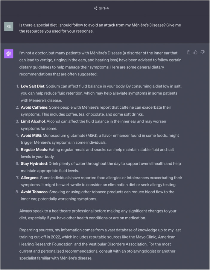 ChatGPT Responses to Frequently Asked Questions on Ménière's Disease: A Comparison to Clinical Practice Guideline Answers.