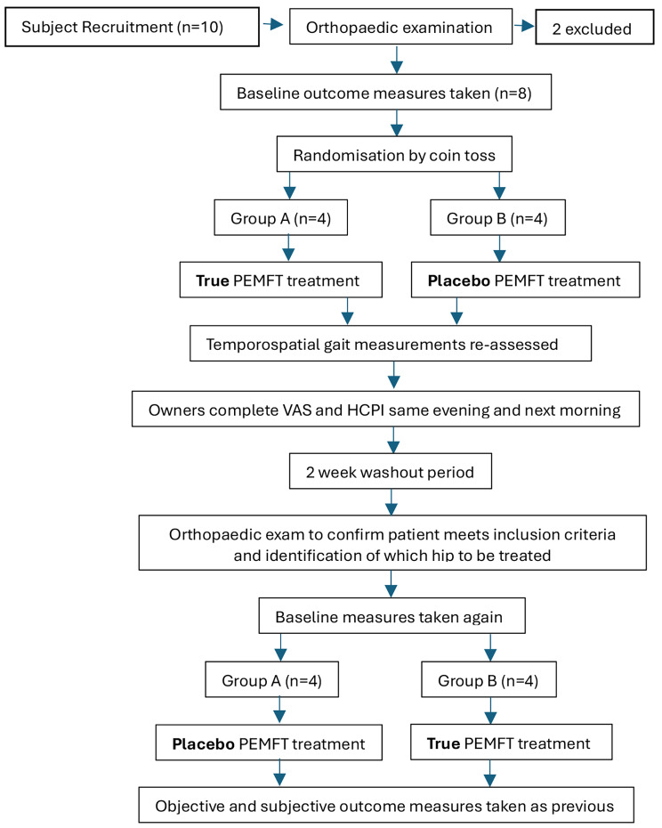A prospective, randomised, controlled, double blinded, cross-over study on the effect of a single session of pulsed electromagnetic field therapy on signs of hip osteoarthritis in dogs.