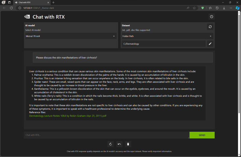 NVIDIA's "Chat with RTX" Custom Large Language Model and Personalized AI Chatbot Augments the Value of Electronic Dermatology Reference Material.