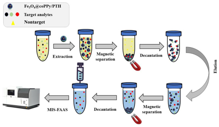 Magnetic solid-phase extraction technique based on Fe<sub>3</sub>O<sub>4</sub>@coPPy-PTH nanocomposite for extraction of cobalt, chromium, and nickel prior to determination by microsample injection system-flame atomic absorption spectrometry in alcoholic and nonalcoholic beverages.