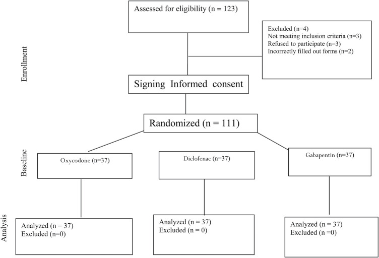 Comparing the effects of pre-emptive oxycodone, diclofenac, and gabapentin on postoperative pain after tibia fracture surgery: A randomized clinical trail.