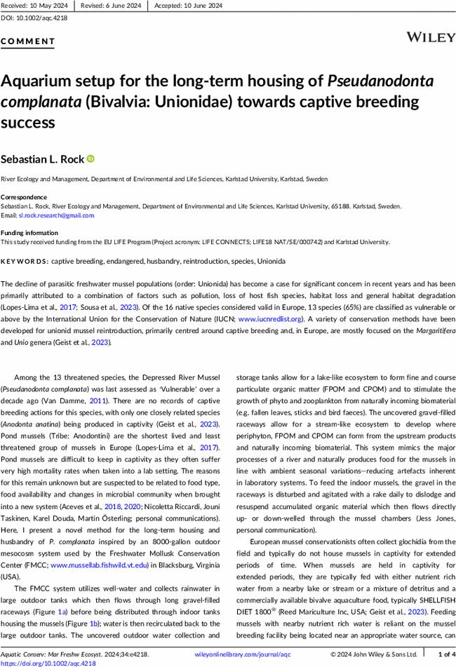 Aquarium setup for the long-term housing of Pseudanodonta complanata (Bivalvia: Unionidae) towards captive breeding success