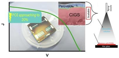 Ultrasonic spray coating for the scalable fabrication of Perovskite-on-Chalcogenide monolithic tandem Devices: Approaching the 20% efficiency