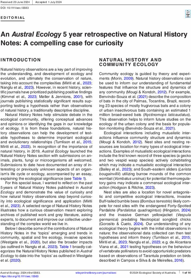 An Austral Ecology 5 year retrospective on Natural History Notes: A compelling case for curiosity