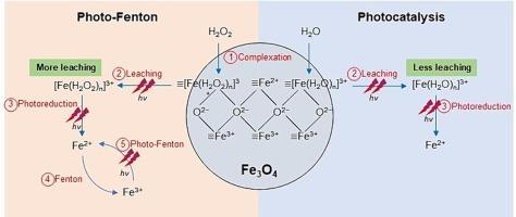 Effect of wavelength in light irradiation for Fe2+/Fe3+ redox cycle of Fe3O4/g-C3N4 in photocatalysis and photo-Fenton systems