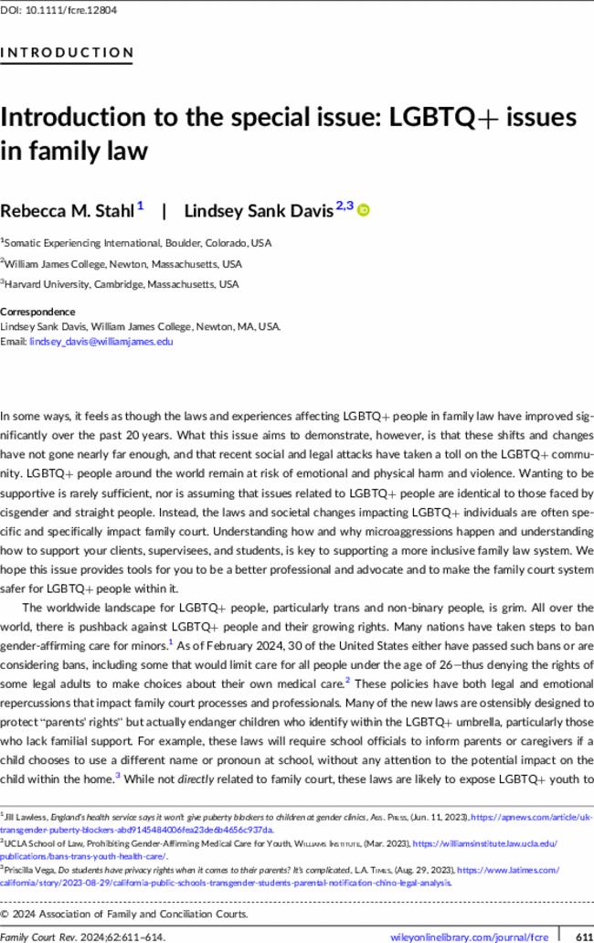 Introduction to the special issue: LGBTQ+ issues in family law