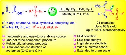 Highly Stereoselective Synthesis of 2-Acyl-3-sulfonamidobut-2-enoates Using Solid Calcium Carbide as a Substitute for Gaseous Acetylene