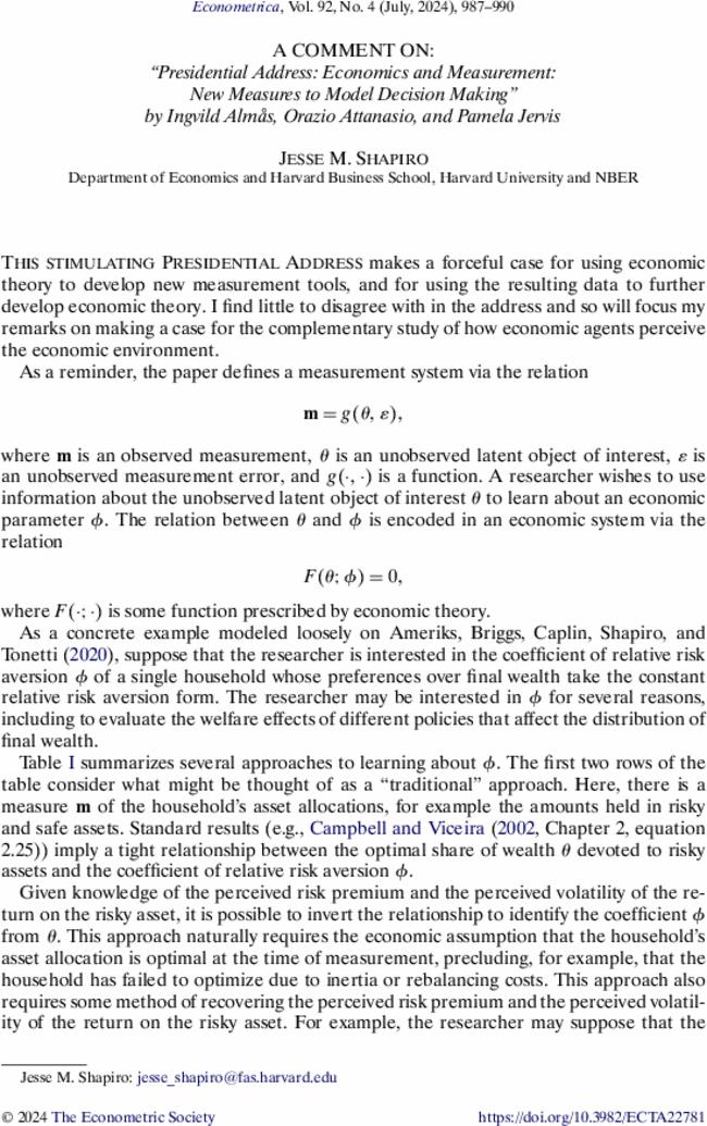 A Comment on: “Presidential Address: Economics and Measurement: New Measures to Model Decision Making” by Ingvild Almås, Orazio Attanasio, and Pamela Jervis