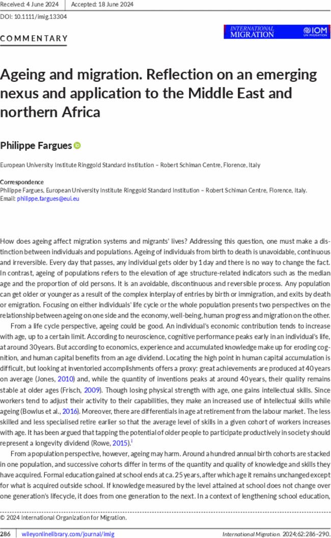 Ageing and migration. Reflection on an emerging nexus and application to the Middle East and northern Africa