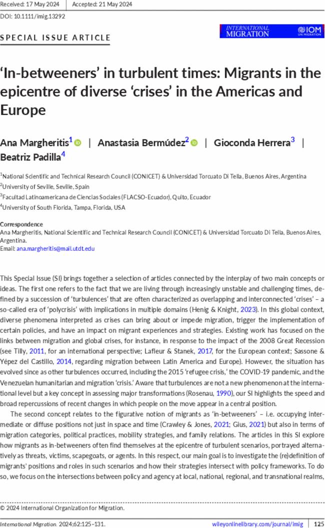 ‘In-betweeners’ in turbulent times: Migrants in the epicentre of diverse ‘crises’ in the Americas and Europe