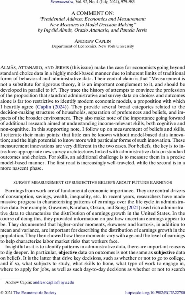 A Comment on: “Presidential Address: Economics and Measurement: New Measures to Model Decision Making” by Ingvild Almås, Orazio Attanasio, and Pamela Jervis