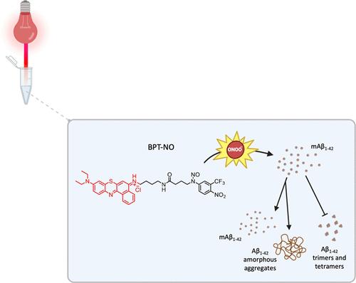 Red-Light-Photosensitized Tyrosine 10 Nitration of β-Amyloid1–42 Diverts the Protein from Forming Toxic Aggregates
