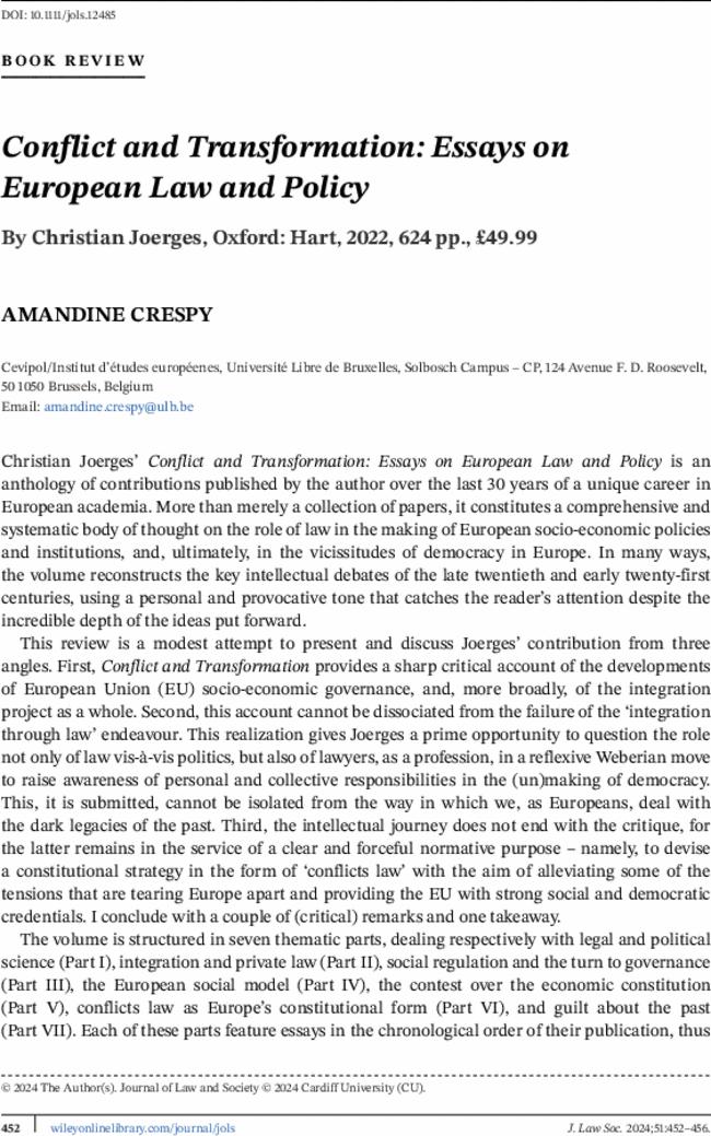 Conflict and Transformation: Essays on European Law and Policy By  Christian Joerges, Oxford: Hart,  2022,  624 pp., £49.99