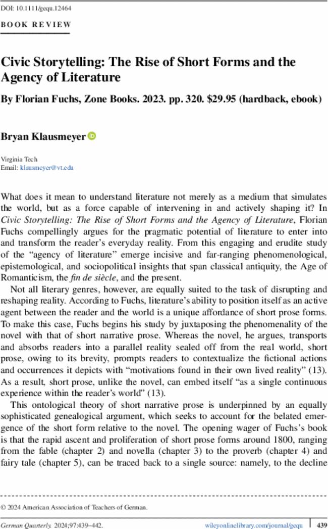 Civic Storytelling: The Rise of Short Forms and the Agency of Literature By  Florian Fuchs, Zone Books.  2023. pp.  320. $29.95 (hardback, ebook)