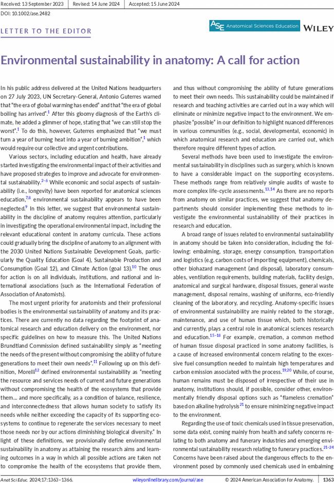 Environmental sustainability in anatomy: A call for action