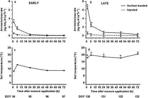 Can manure application method and timing with cover crops reduce NH3 and N2O gas losses and sustain corn yield?