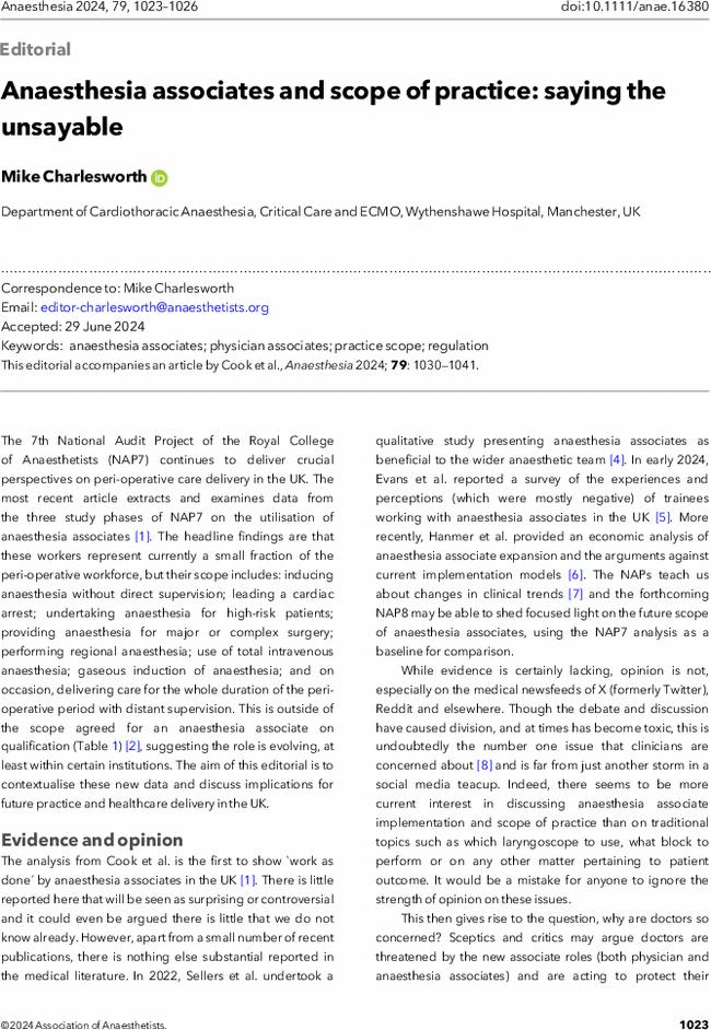 Anaesthesia associates and scope of practice: saying the unsayable