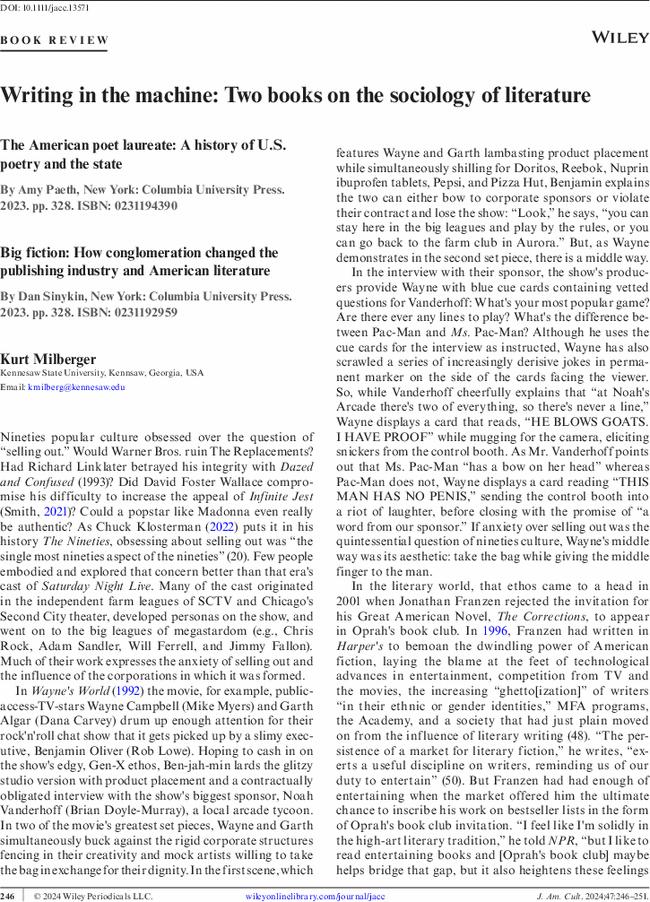 Writing in the machine: Two books on the sociology of literature The American poet laureate: A history of U.S. poetry and the state By  Amy Paeth, New York: Columbia University Press.  2023. pp. 328. ISBN: 0231194390 Big fiction: How conglomeration changed the publishing industry and American literature By  Dan Sinykin, New York: Columbia University Press.  2023. pp. 328. ISBN: 0231192959