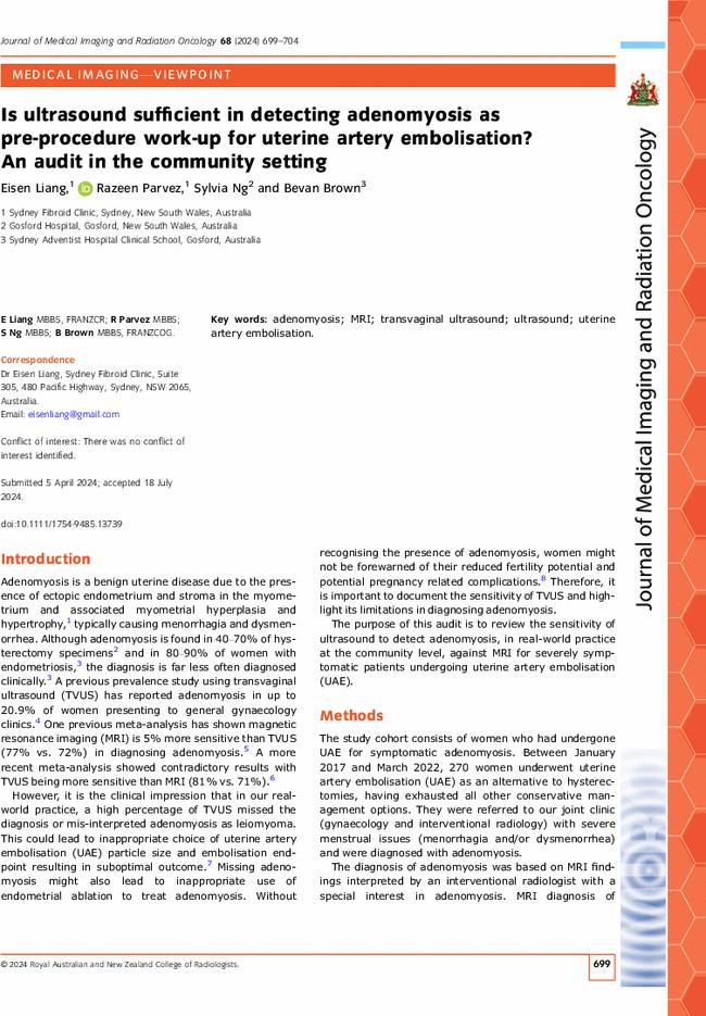 Is ultrasound sufficient in detecting adenomyosis as pre-procedure work-up for uterine artery embolisation? An audit in the community setting