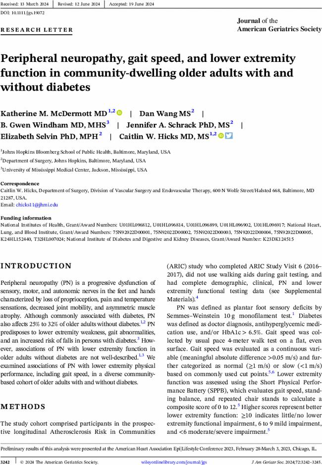 Peripheral neuropathy, gait speed, and lower extremity function in community-dwelling older adults with and without diabetes