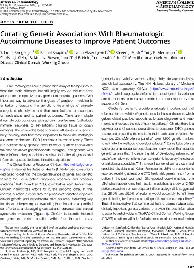 Curating Genetic Associations With Rheumatologic Autoimmune Diseases to Improve Patient Outcomes