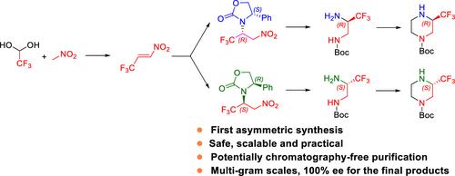 Development of a Safe and Practical Synthesis of Enantiomerically Pure (S)- and (R)-N-Boc-3-(Trifluoromethyl)piperazines Enabled by Aza-Michael Addition of Optically Pure 4-Phenyl-2-Oxazolidinone to 3,3,3-Trifluoro-1-Nitropropene