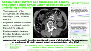 Abdominal aneurysm sac thrombus CT density and volume after EVAR: which association with underlying endoleak?