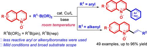 Copper-Catalyzed Regioselective Arylation or Alkenylation of Quinoline <i>N</i>-Oxides with Organoboronates.