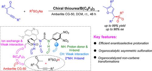 Organocatalytic Asymmetric Synthesis of Sulfonyl-Substituted Furans via a Cascade 1,6-Addition/Cyclization/Enantioselective Protonation Pathway
