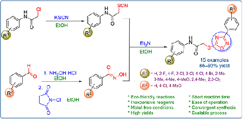 1,3-Dipolar Cycloaddition Reaction of Nitrile Oxide to Thiocyanates: An Efficient and Eco-Friendly Synthesis of N-Aryl-2-((3-aryl-1,2,4-oxadiazol-5-yl)thio)acetamides