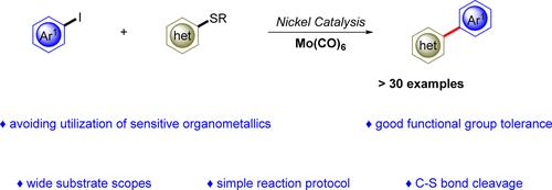 Nickel-Catalyzed Desulfurative Cross-Coupling of Aryl Iodides with Heteroaromatic Thioethers via C-S Bond Cleavage.