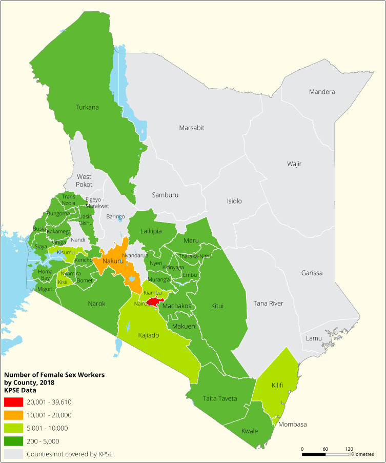 Programmatic mapping and estimating the population size of female sex workers, men who have sex with men, people who inject drugs and transgender populations in Kenya.