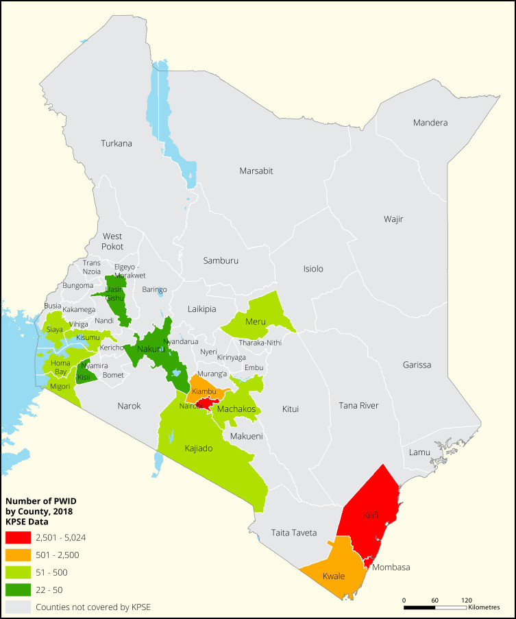 Programmatic mapping and estimating the population size of female sex workers, men who have sex with men, people who inject drugs and transgender populations in Kenya.