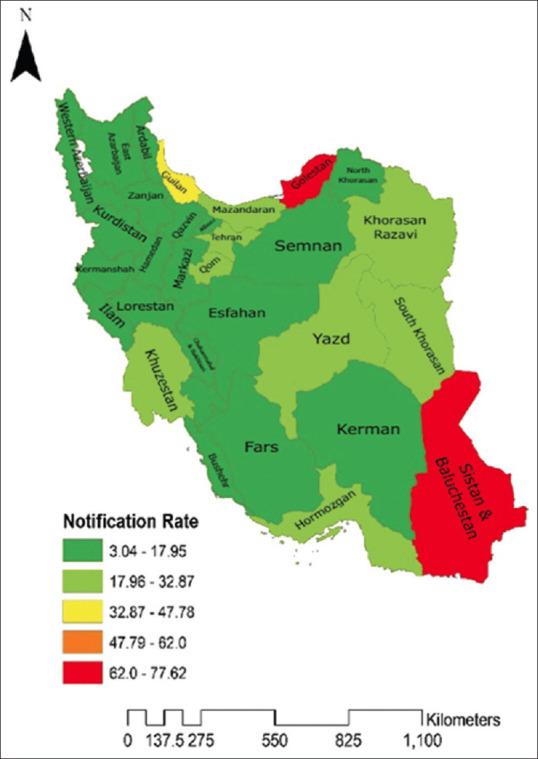 Spatial Distribution of Smear-Positive Pulmonary Tuberculosis Incidence Rates in Iran: A Registry-Based Study (2018-2022).