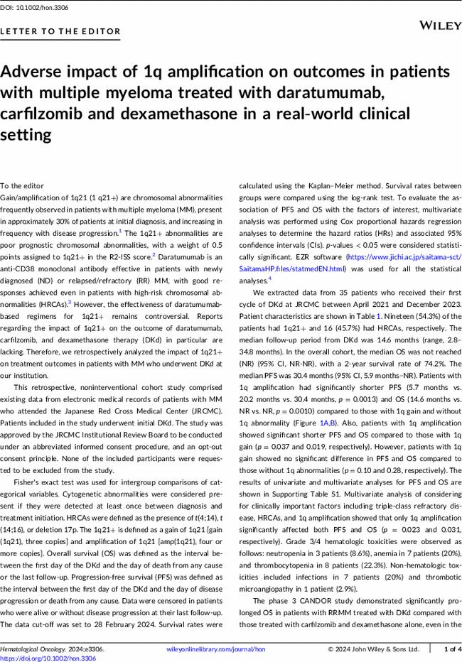 Adverse impact of 1q amplification on outcomes in patients with multiple myeloma treated with daratumumab, carfilzomib and dexamethasone in a real-world clinical setting