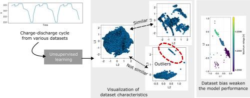 Unsupervised learning of charge-discharge cycles from various lithium-ion battery cells to visualize dataset characteristics and to interpret model performance