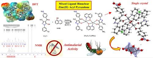 Synthesis, characterization, and crystal features of a mixed ligand binuclear Zinc(II) acyl pyrazolone complex: DFT, Hirshfeld surface analysis and anti-malarial activity evaluation