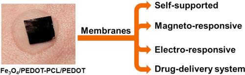 Electroactive self-standing polyester membranes prepared using magnetite/poly(3,4-ethylenedioxythiophene) core-shell particles