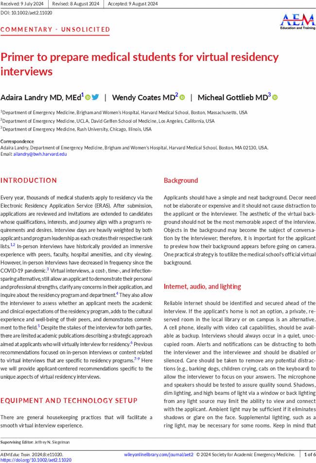 Primer to prepare medical students for virtual residency interviews