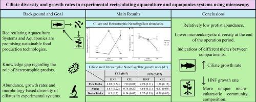 Ciliate diversity and growth rates in experimental recirculating aquaculture and aquaponics systems using microscopy