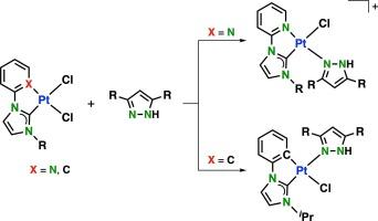 Regioselective ligand substitution in square-planar Pt(II) complexes bearing N^C and C^C chelating ligands with pyrazole derivatives