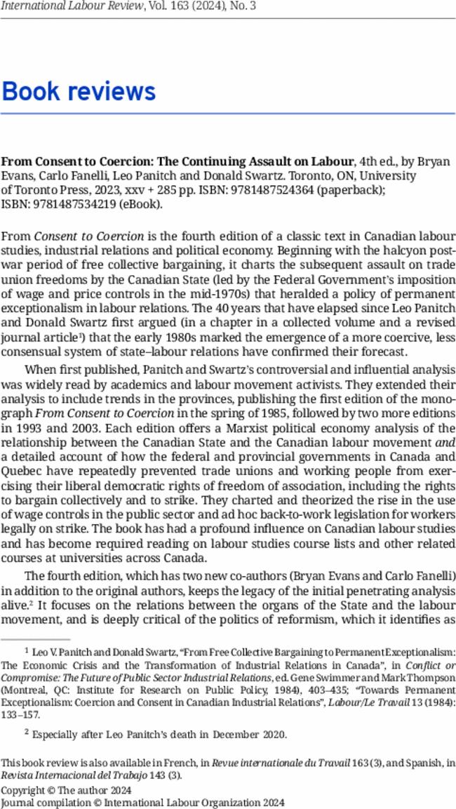 From Consent to Coercion: The Continuing Assault on Labour, 4th ed., by Bryan Evans, Carlo Fanelli, Leo Panitch and Donald Swartz