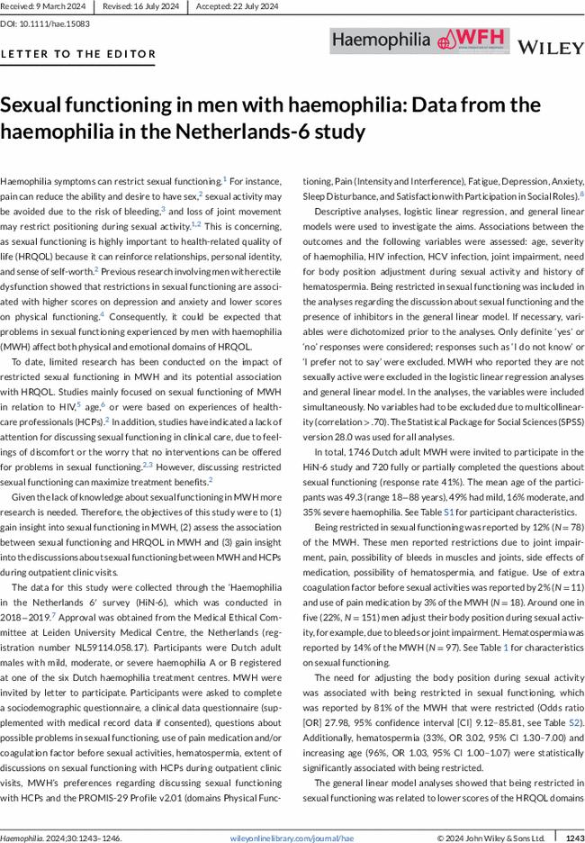 Sexual functioning in men with haemophilia: Data from the haemophilia in the Netherlands-6 study