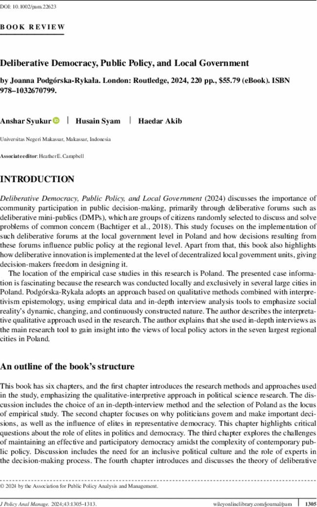 Deliberative Democracy, Public Policy, and Local Government by  Joanna Podgórska-Rykała. London: Routledge,  2024,  220 pp., $55.79 (eBook). ISBN 978–1032670799.