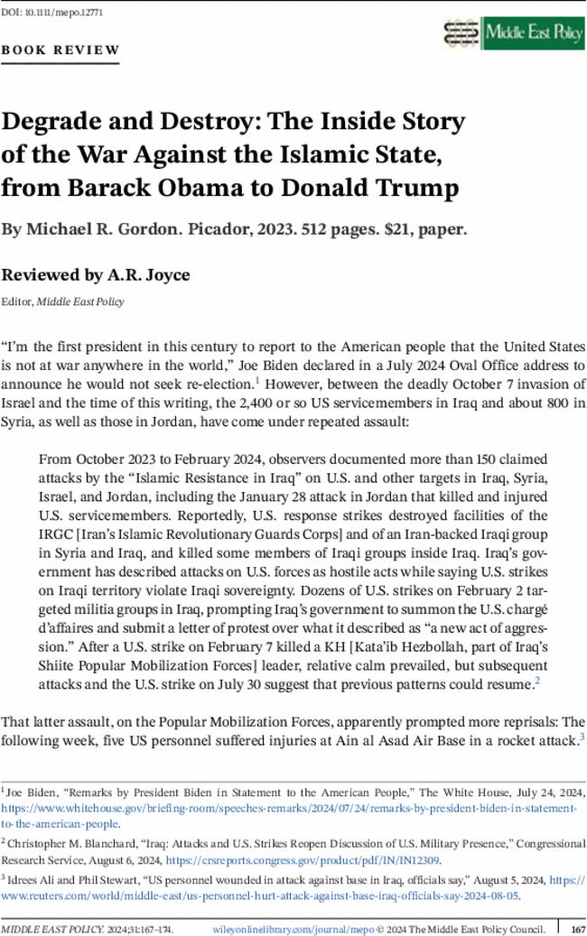 Degrade and Destroy: The Inside Story of the War Against the Islamic State, from Barack Obama to Donald Trump By  Michael R. Gordon. Picador,  2023.  512 pages. $21, paper.